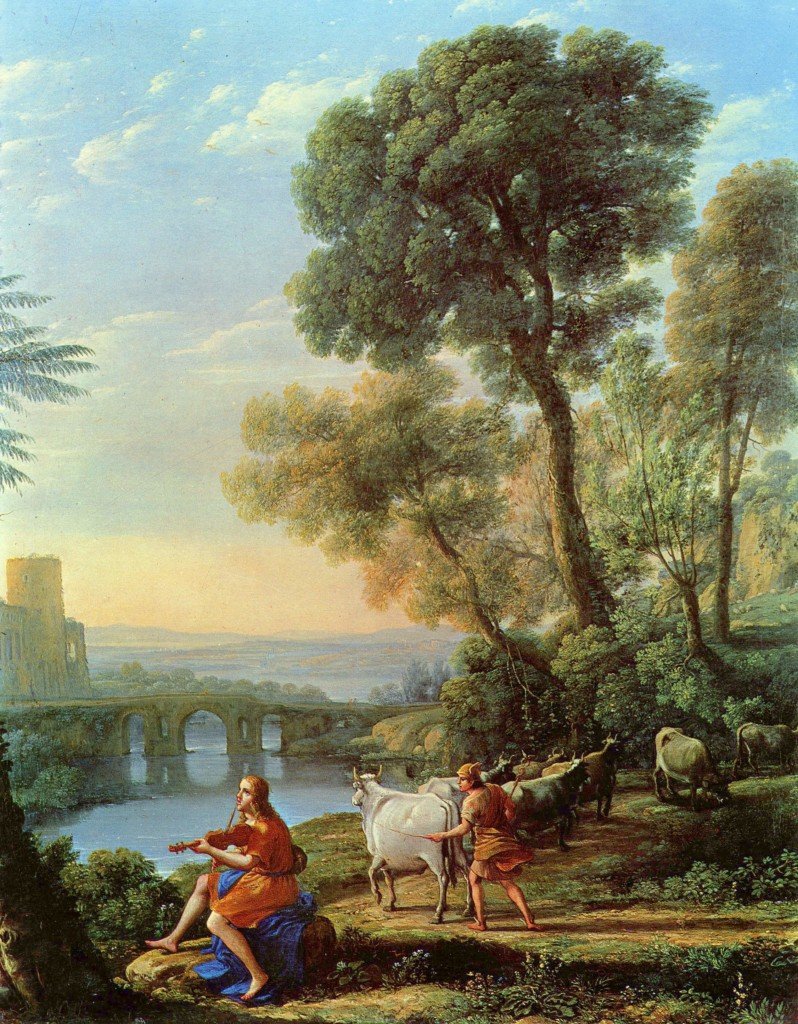 Claude Lorrain, “Landscape with Apollo Guarding the Herds of Admetus and Mercury stealing them,” 1645, oil on canvas